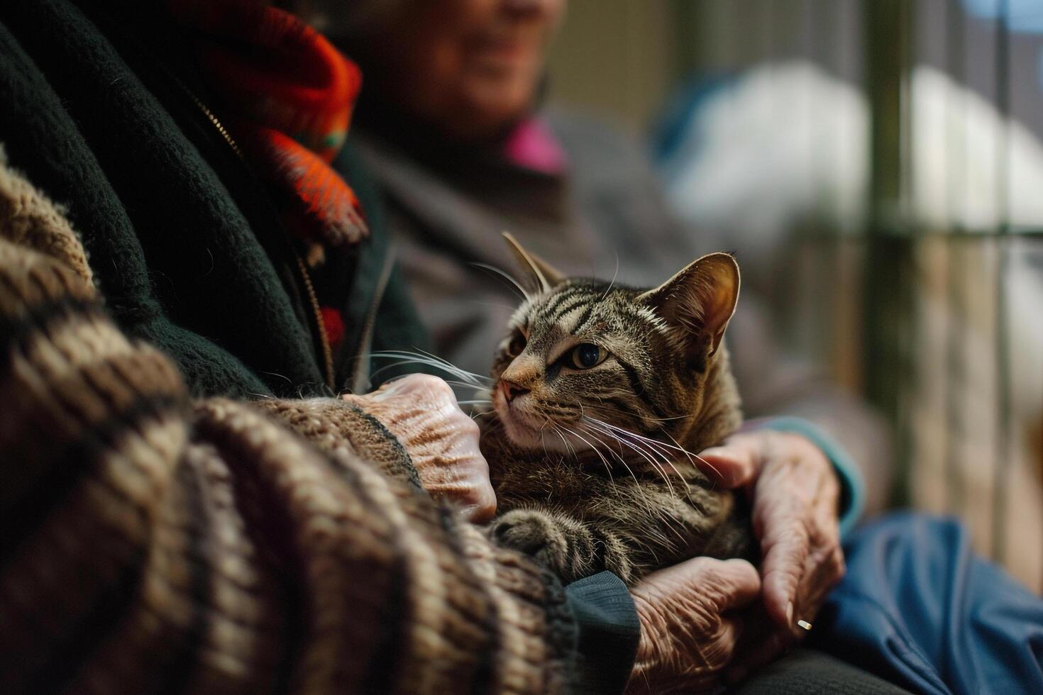 An elderly couple sitting quietly in designated visitation area petting calm and shelter cat on their laps photo