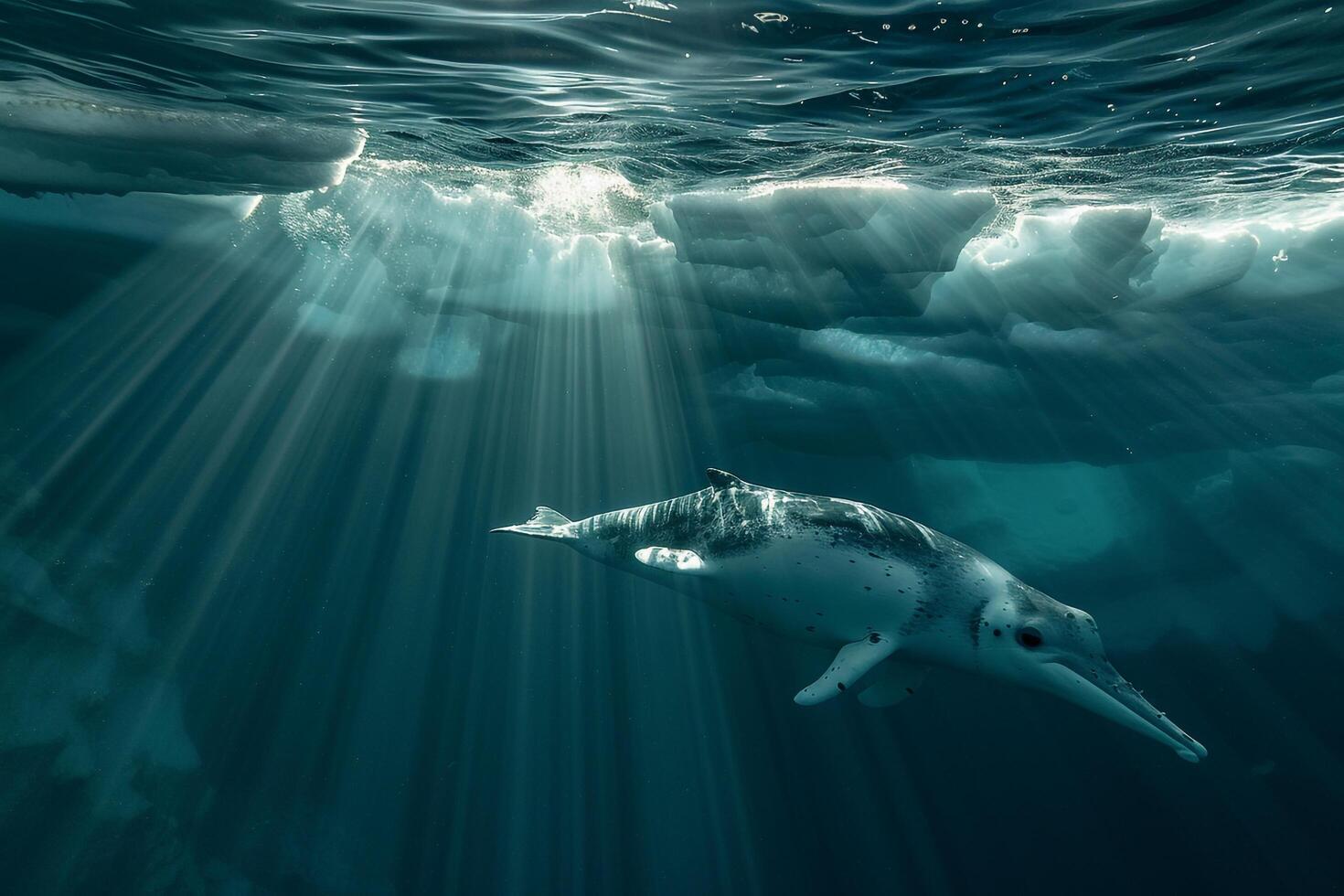 Intriguing Narwhal swimming gracefully beneath translucent iceberg with sun ray background Arctic waters serene underwater environment photo
