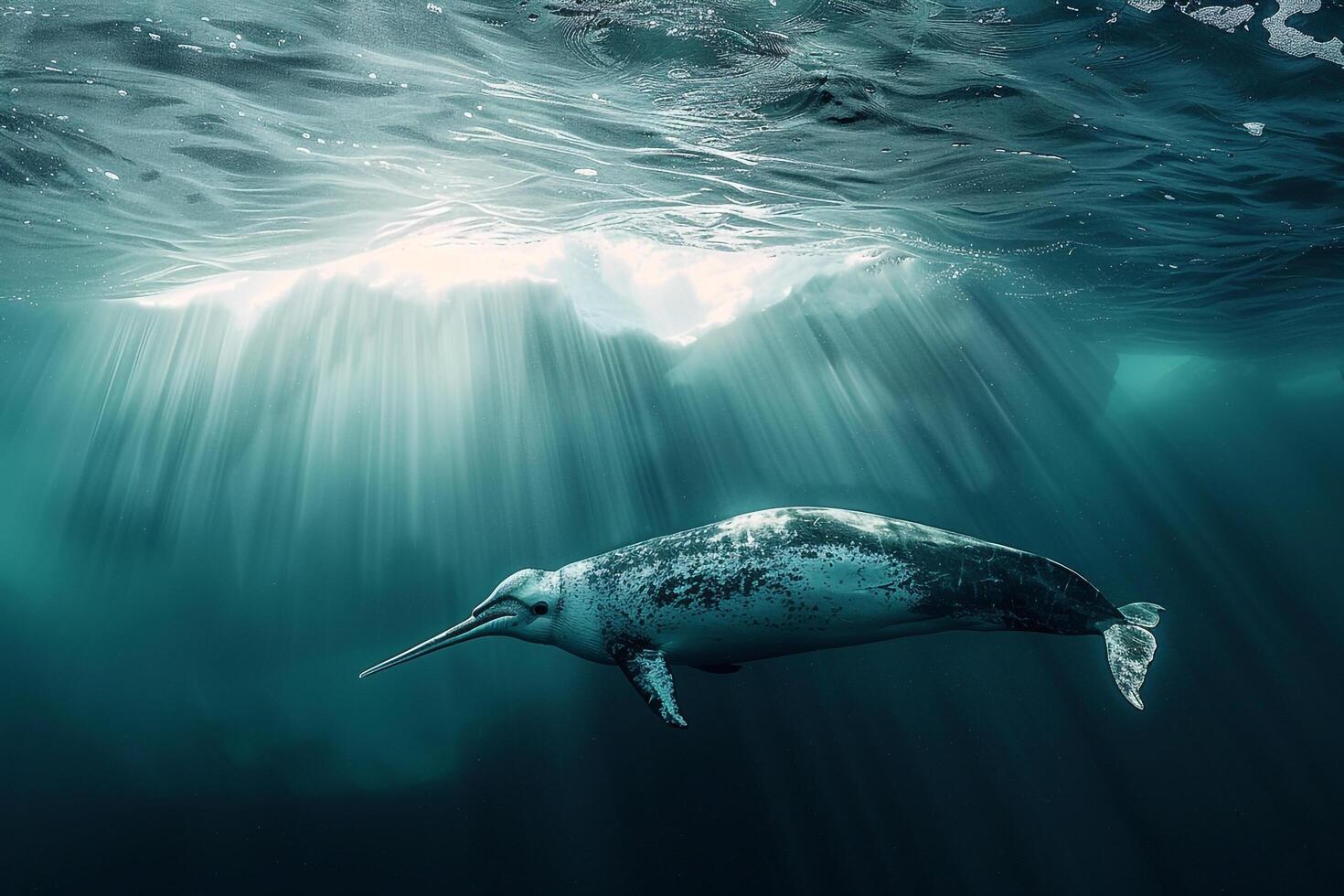 Intriguing Narwhal swimming gracefully beneath translucent iceberg with sun ray background Arctic waters serene underwater environment photo