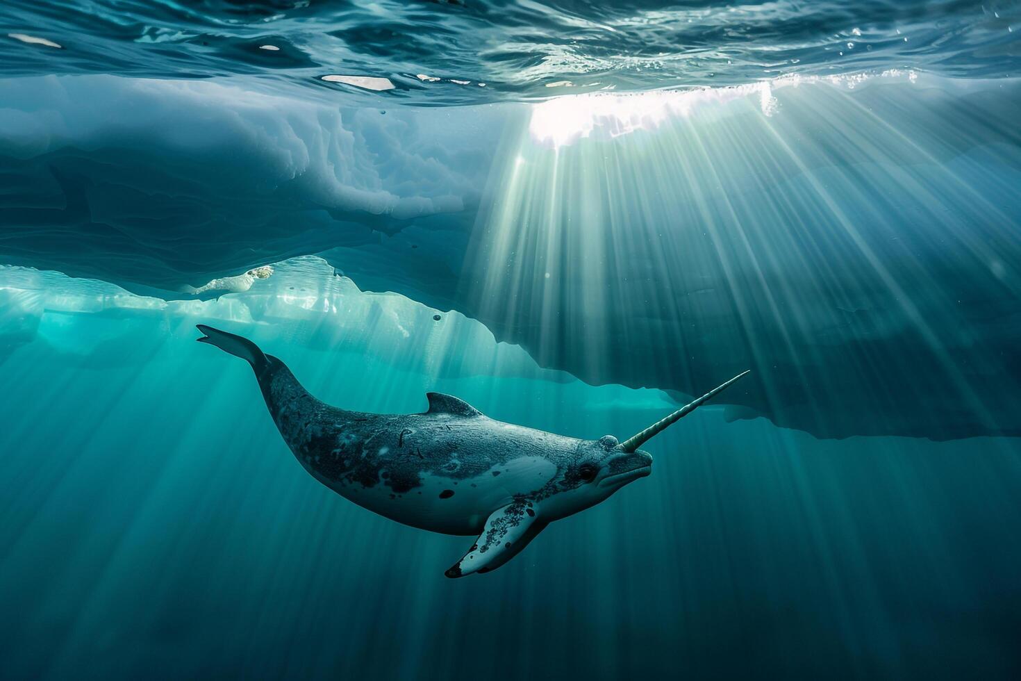 Intriguing Narwhal swimming gracefully beneath translucent iceberg with sun ray background Arctic waters serene underwater environment photo