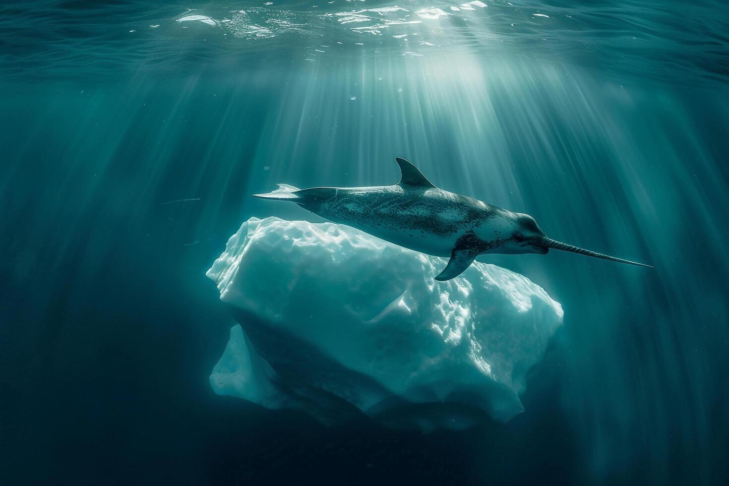 Intriguing Narwhal swimming gracefully beneath translucent iceberg with sun ray background Arctic waters serene underwater environment photo