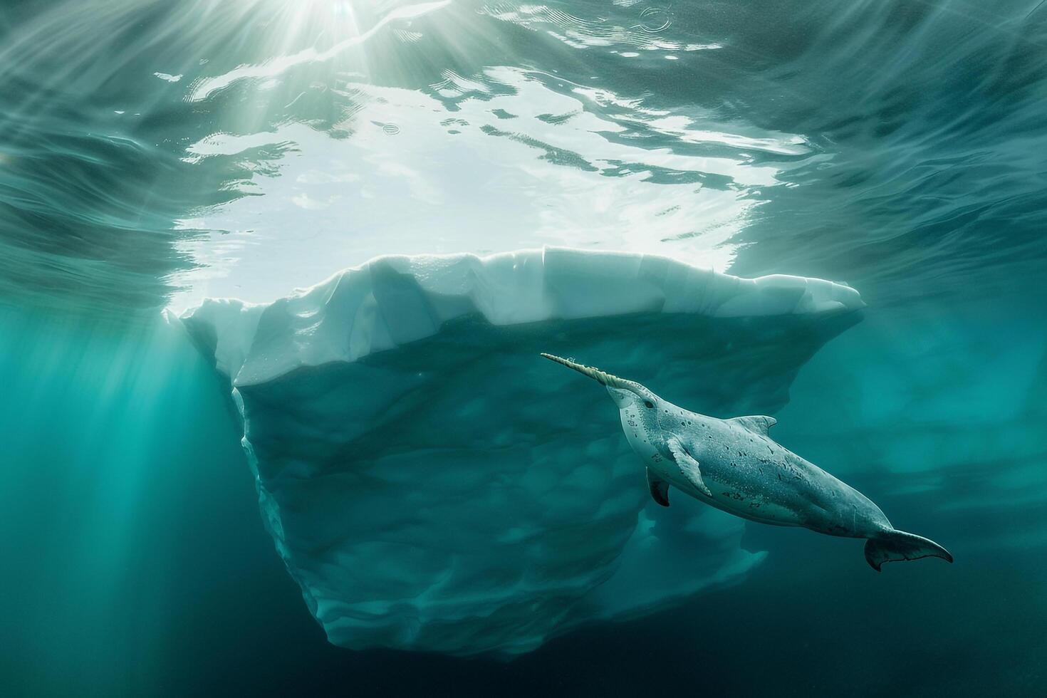 Intriguing Narwhal swimming gracefully beneath translucent iceberg with sun ray background Arctic waters serene underwater environment photo