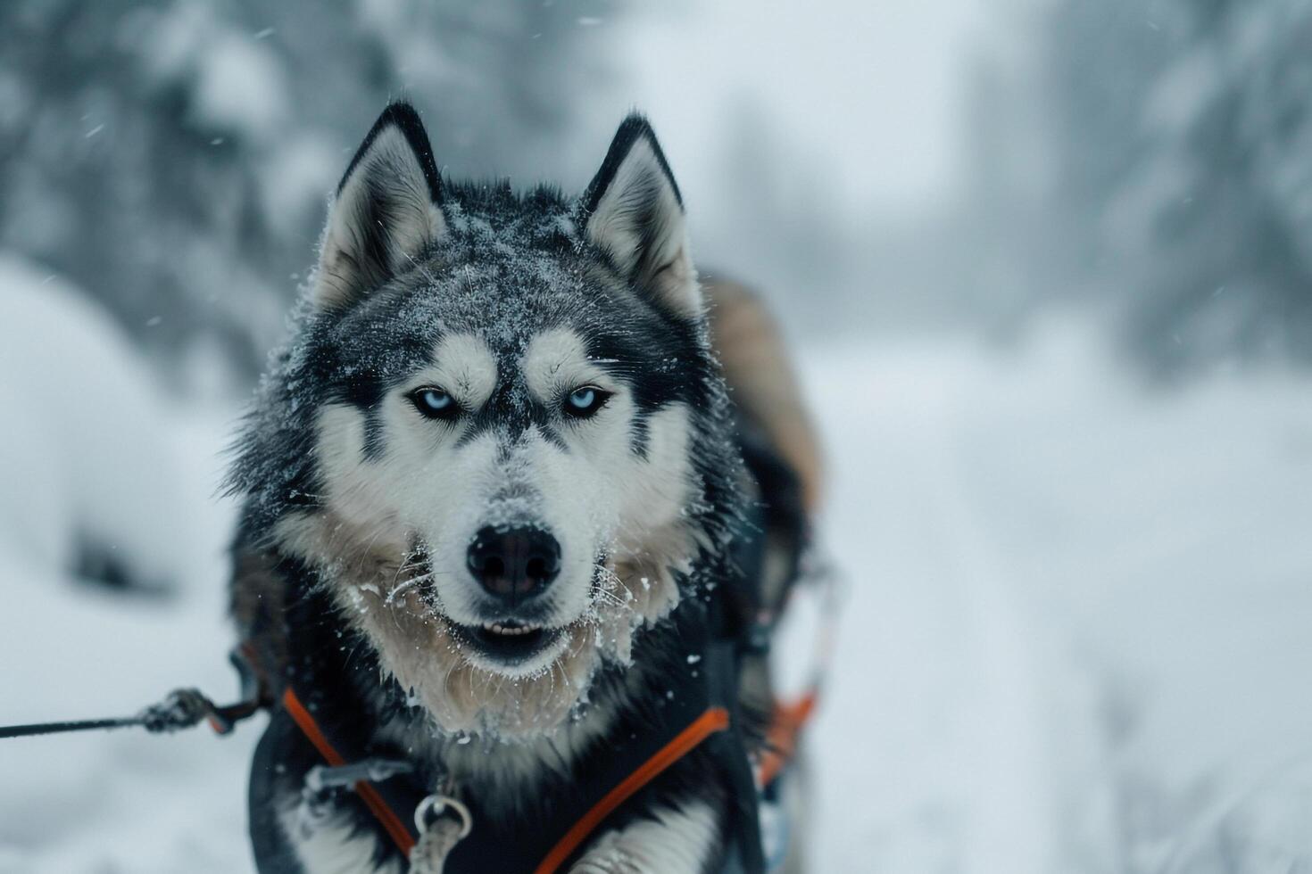 An Alaskan Malamute pulling sled through snowy nature background its keen eyes ed on the trail ahead with rugged snowy background photo