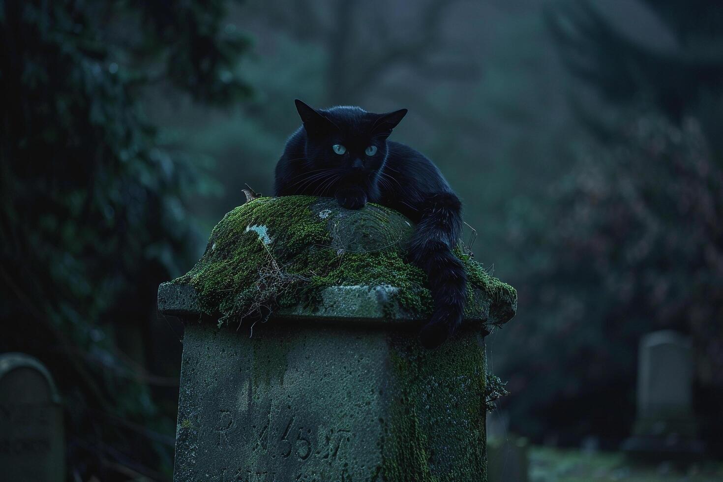 Conceptual Pet Black Cat Perched on MossCovered Gravestone in Moonlit Cemetery Background photo
