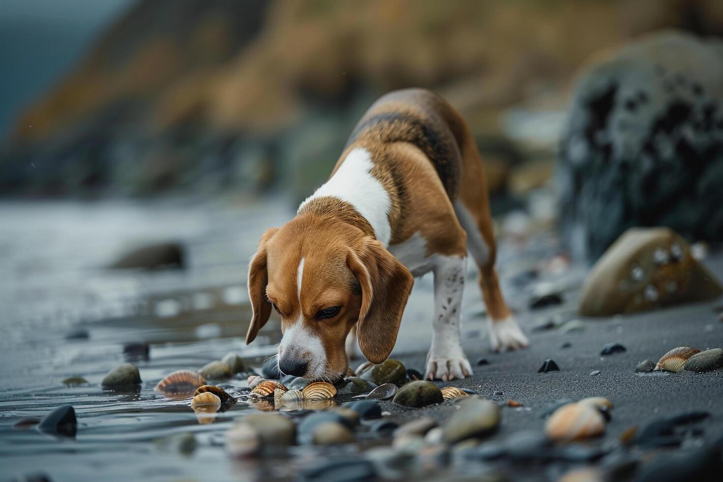 Conceptual Background Dog Play Curious Beagle Exploring Rocky Beach photo