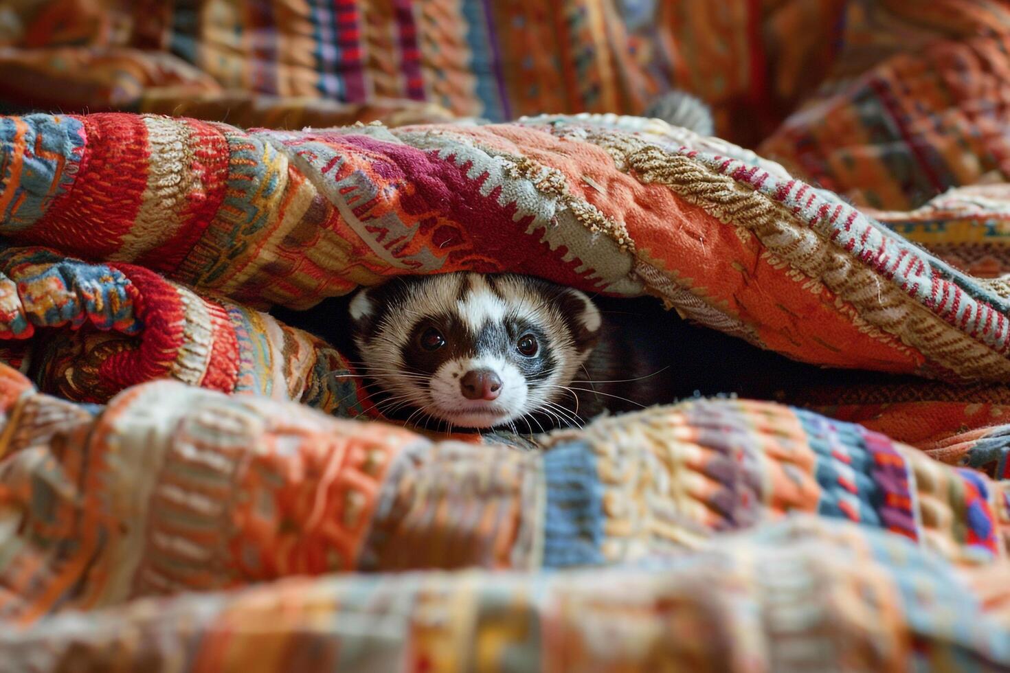 Conceptual Pet Whimsical Ferret Peeking Out from Under Blanket Fort in Childrens Playroom Background photo