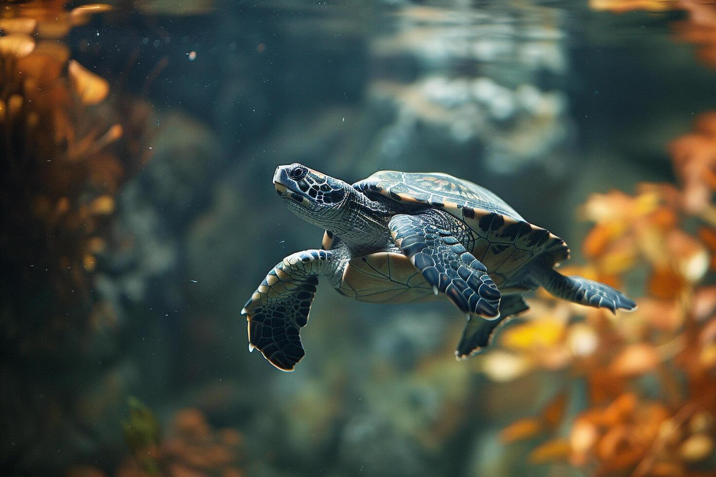rescued turtle swimming gracefully in specially designed tank its movements reflecting newfound freedom and care photo