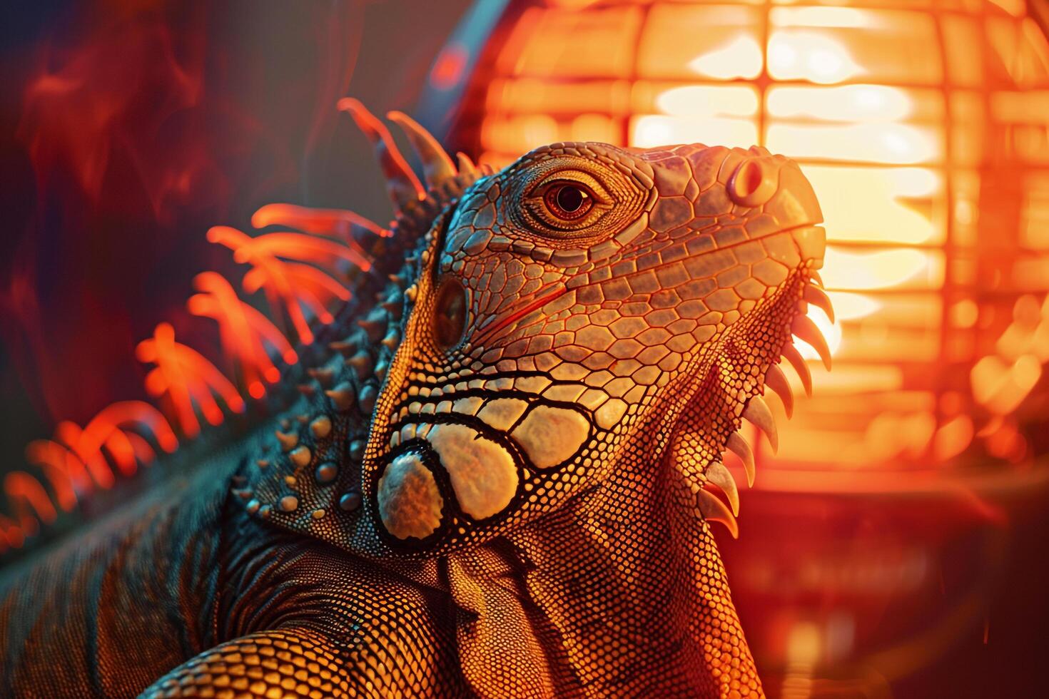 rescued iguanbasking under heat lamp in shelter scales shimmering with warmth and contentment Background photo