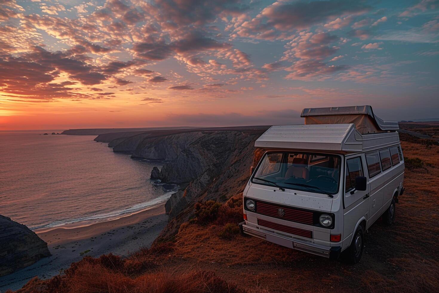 Vintage Camper Van with Coastal Sunset   nature background photo