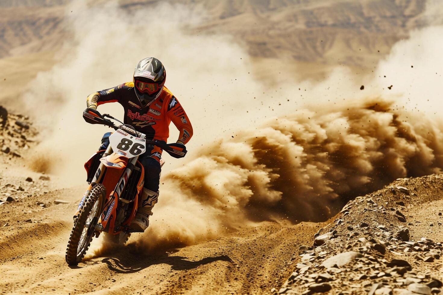 Sports Speed Dirt bike racing through rugged desert terrain with dust cloud trailing behind   nature background photo