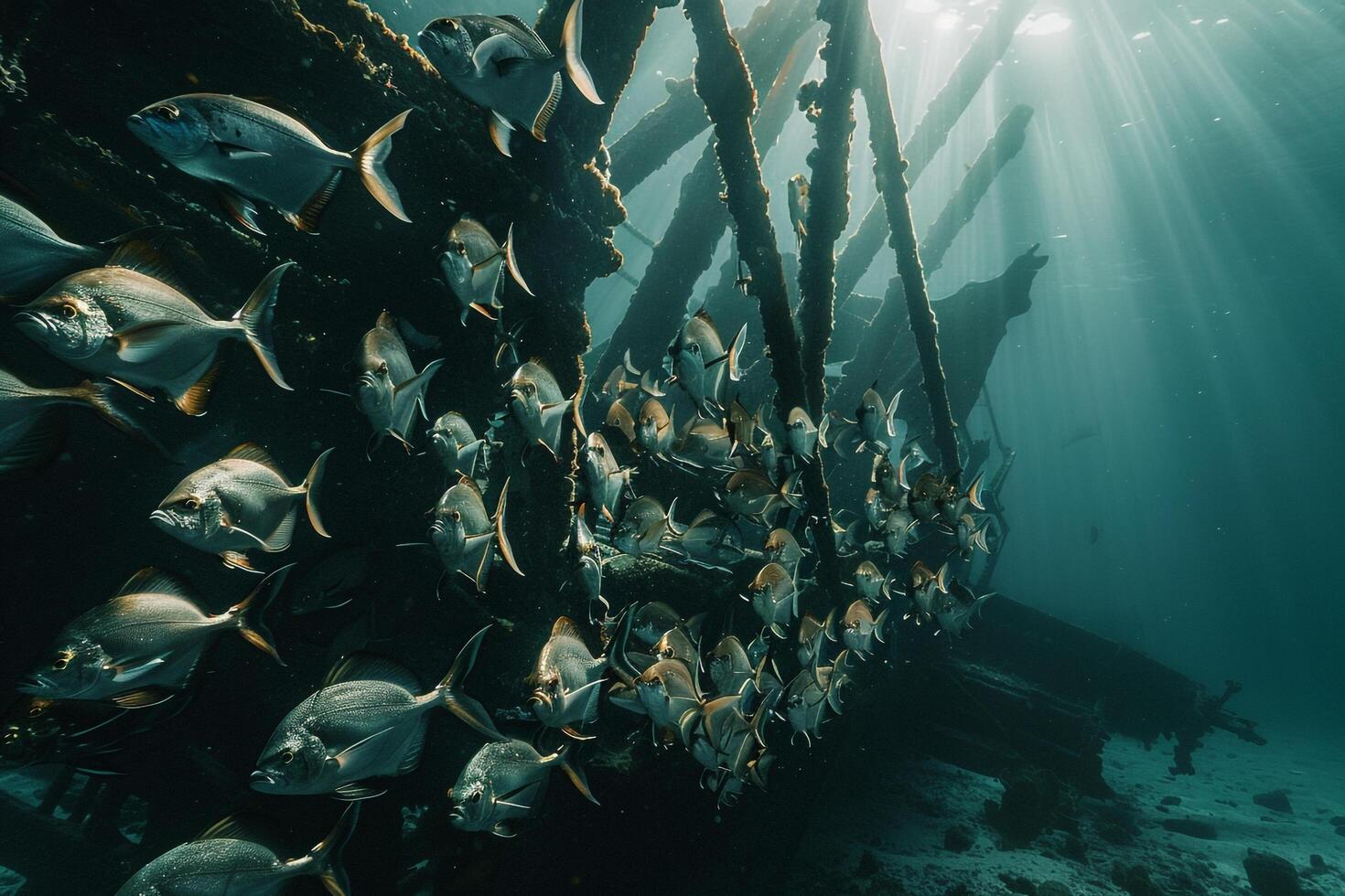 Elegant Batfish swimming gracefully in school near shipwreck in clear deep ocean waters with sunlight creating reflections on their sleek bodies photo