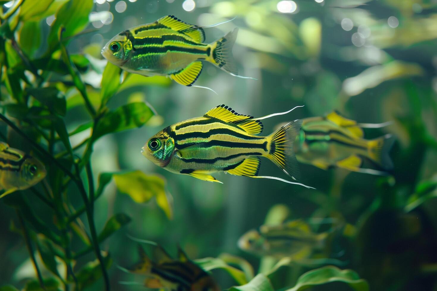 ZebrDanios darting among aquatic plants in freshwater aquarium with reflections on the waters surface photo