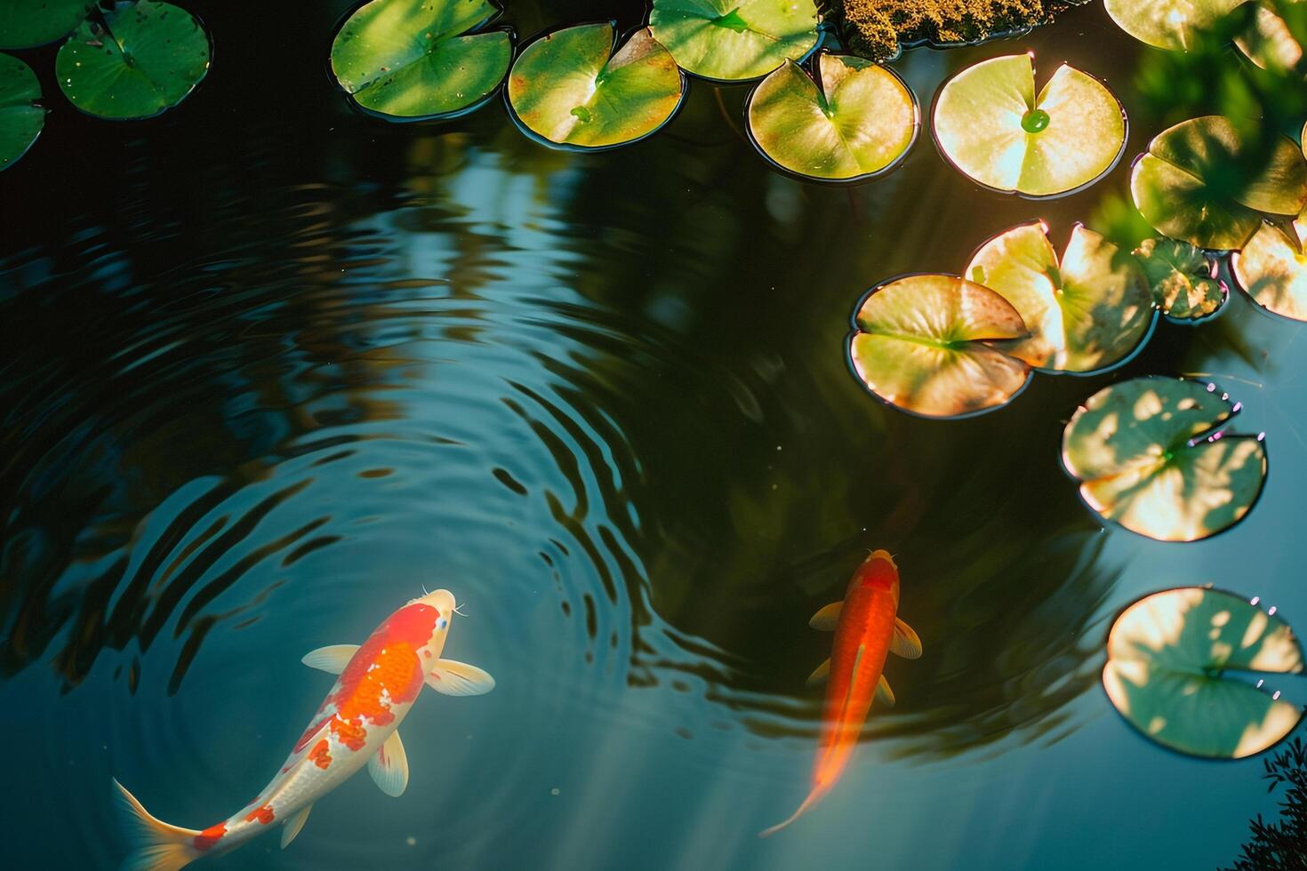 Nature Aquatic Koi Fish Gliding Gracefully in Serene Japanese Garden Pond with Lily Pads and Reflections nature background photo