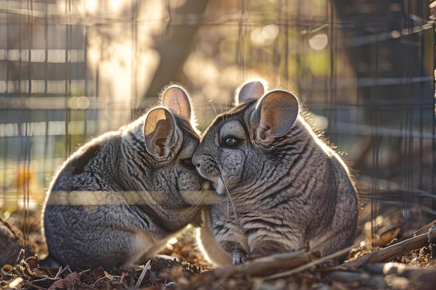 rescued chinchillgrooming its companion in sunlit enclosure the  light highlighting their furry coats photo