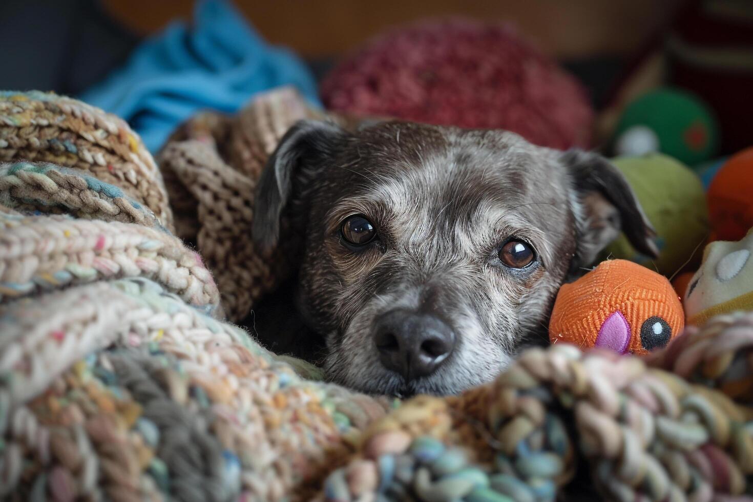 Senior dog with graying muzzle finding comfort in cozy bed at rescue shelter surrounded by toys photo