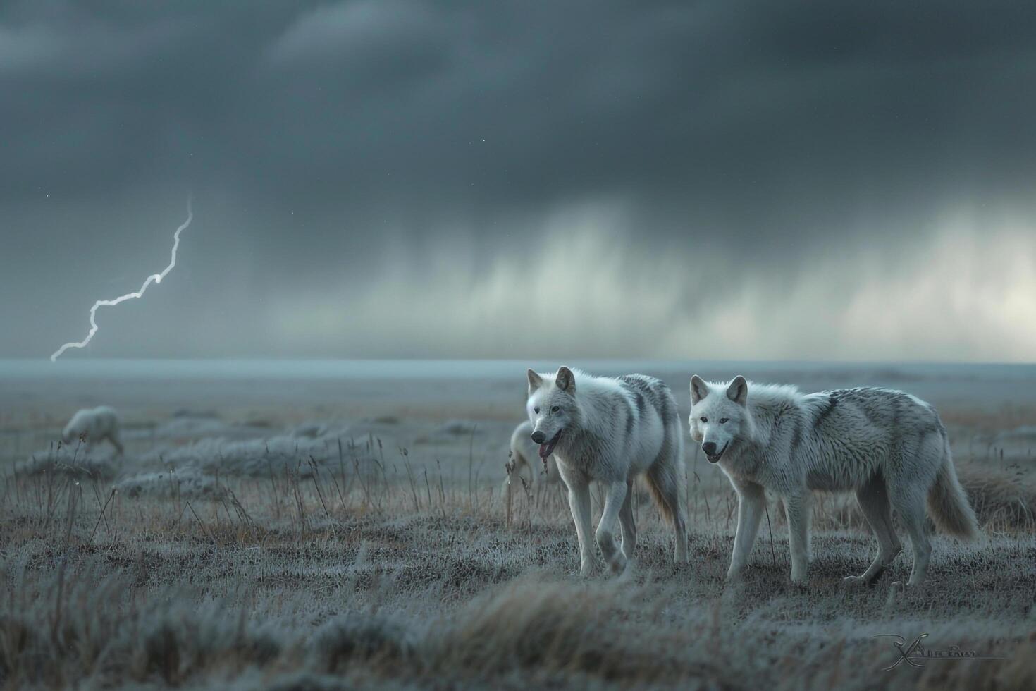 Powerful Polar bear emerging from the icy Arctic waters with fresh catch of seal under dramatic stormy background photo