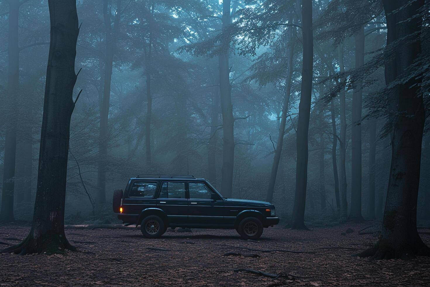 SUV Parked in Foggy Forest Clearing with Eerie Light Filtering Through Trees Background photo