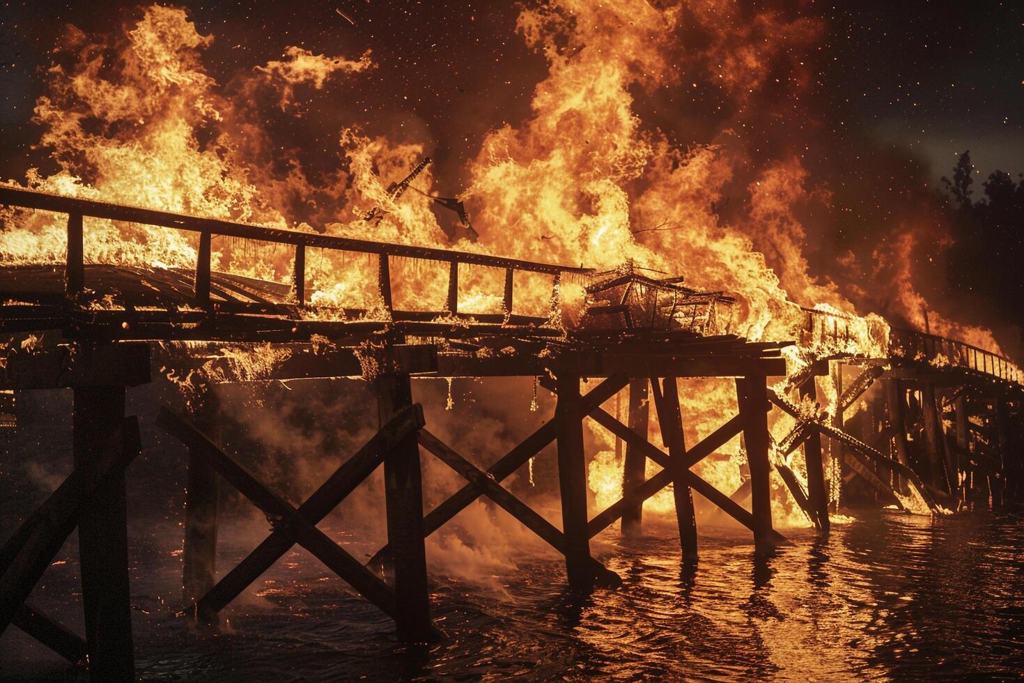 Flames Engulfing Wooden Bridge During Dramatic Fire Safety Demonstration nature background photo