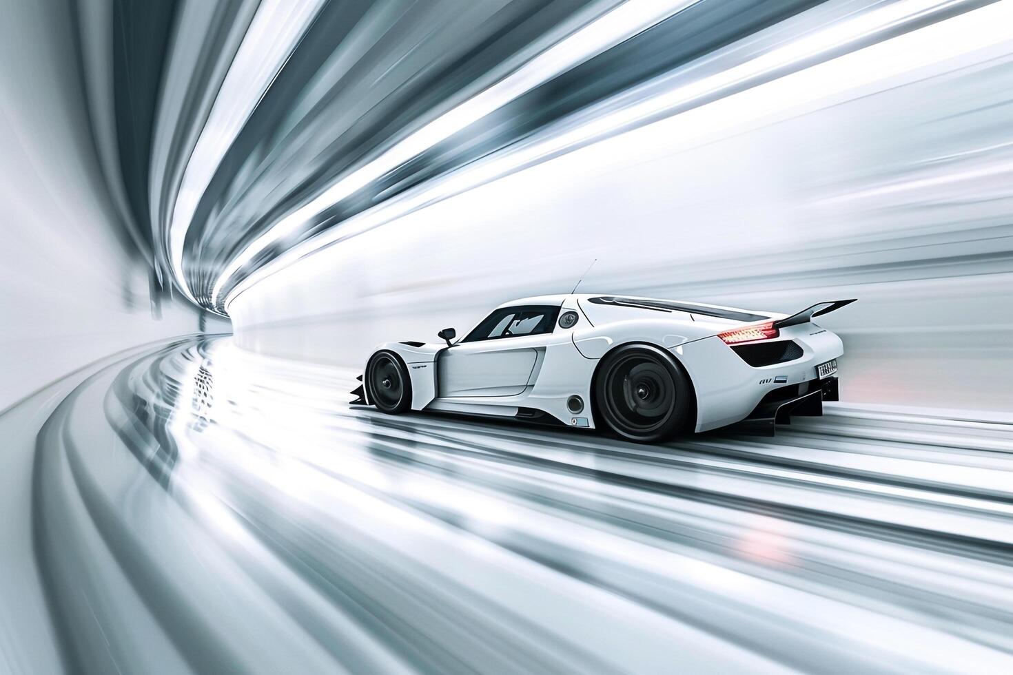 Race Car Speeding Past on White CycloramBackground Capturing the Essence of HighSpeed Racing photo