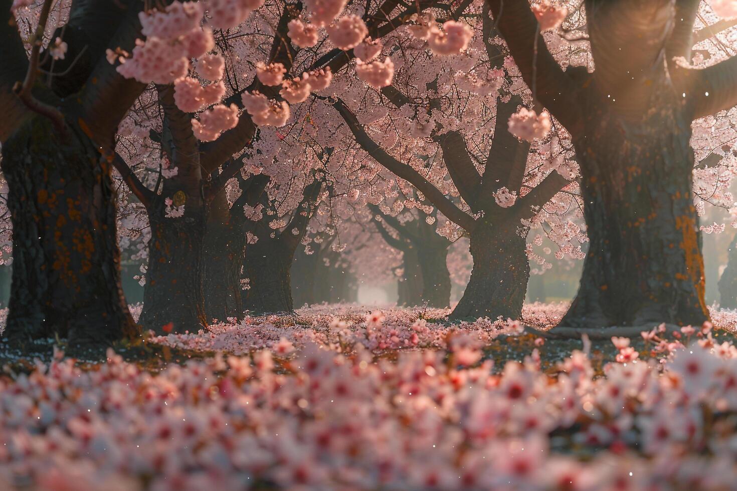 Enchanting Grove of Cherry Trees with Pink Blossoms and Fallen Petals nature background photo