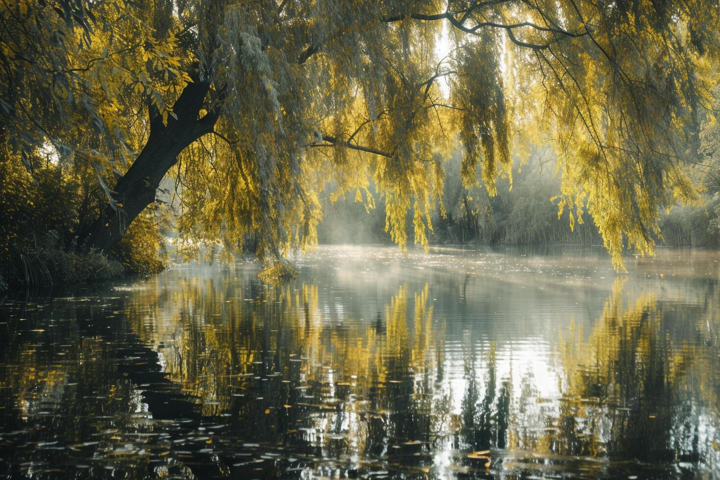 Peaceful riverside with willow trees their long leaves reflecting in the calm water nature background photo