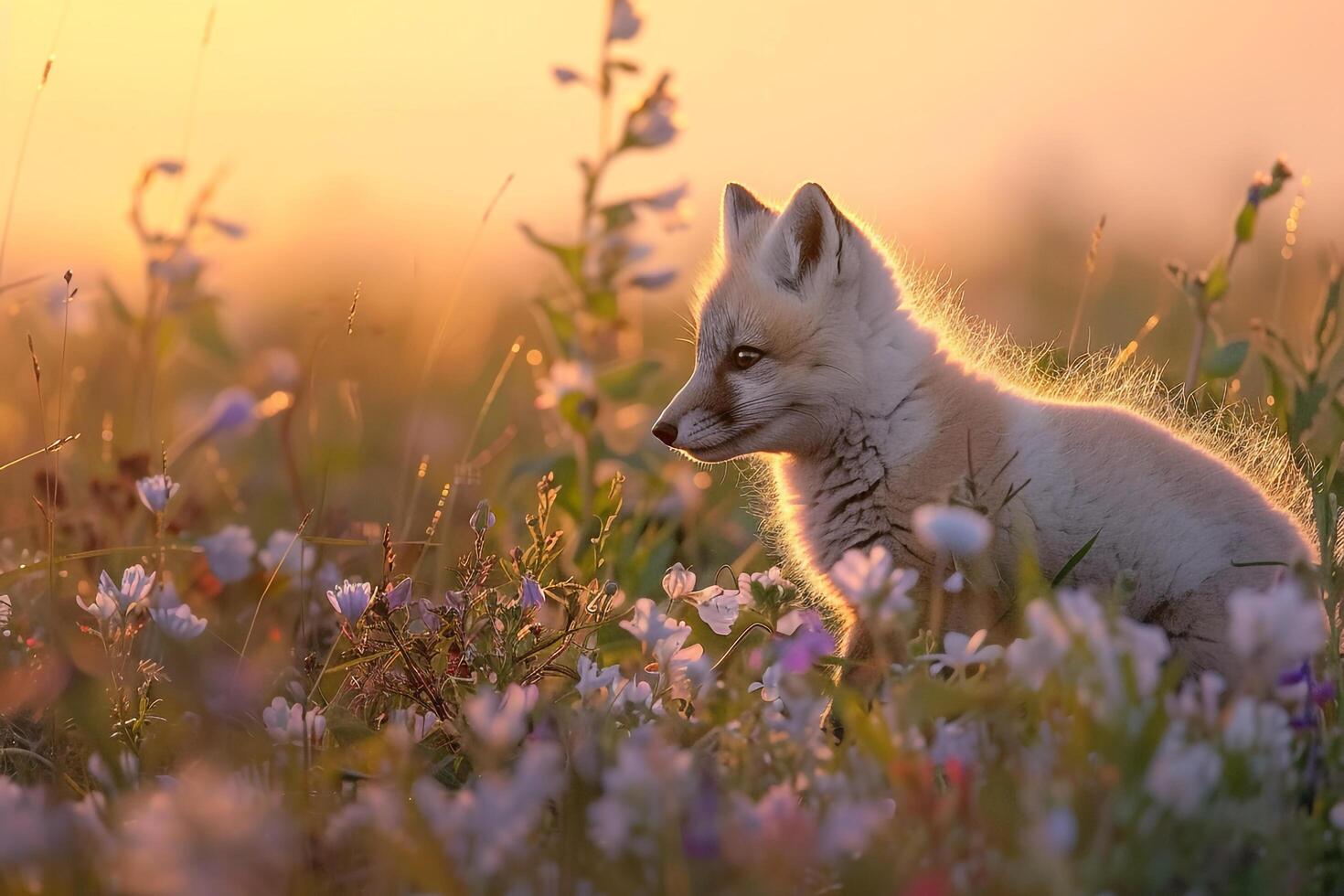 Fox kits playfully frolicking in field of wildflowers under  Arctic summer sunset with a scenic sunset nature background photo
