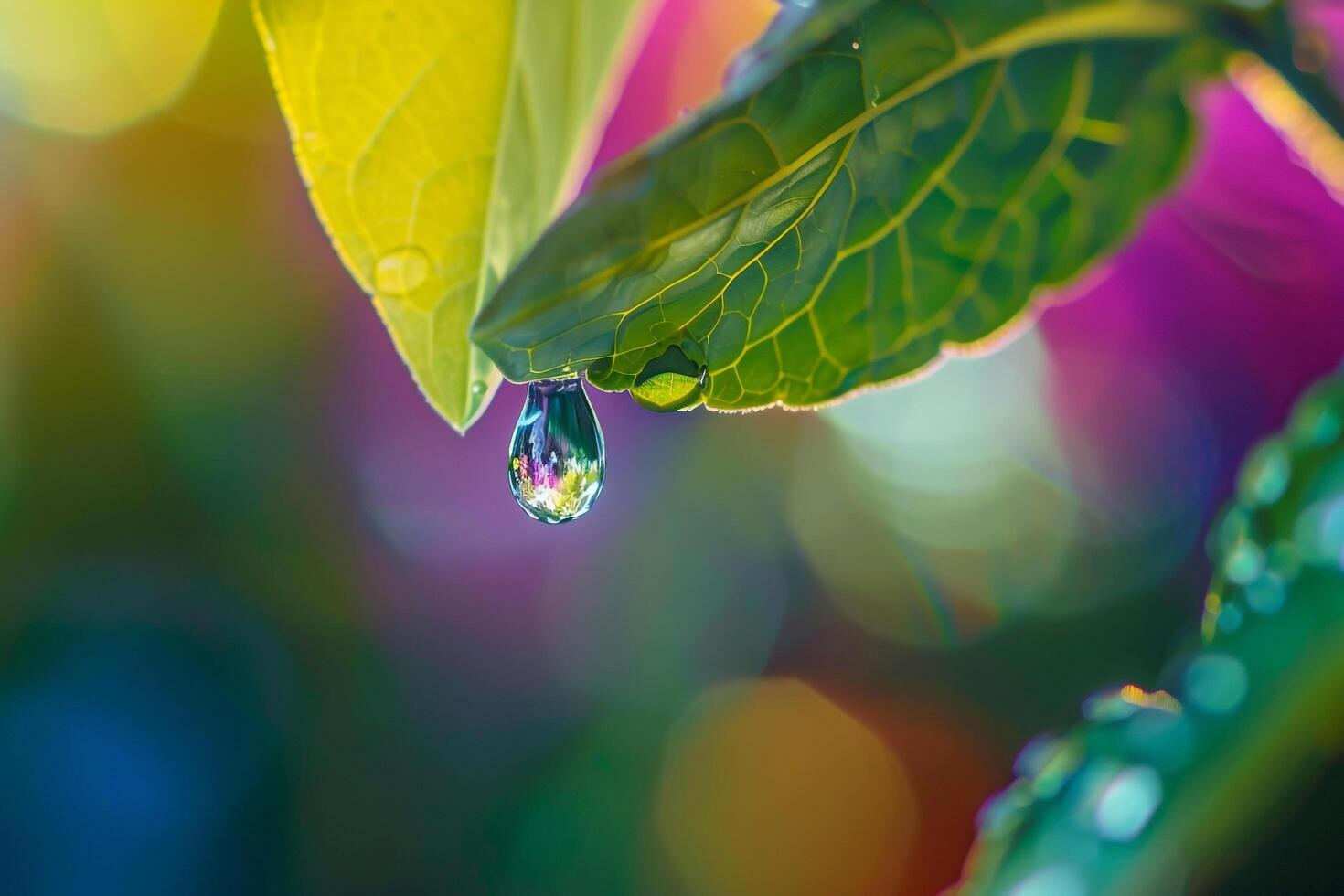 Nature of water droplet hanging from the edge of leaf refracting the surrounding garden in miniature with nature background photo