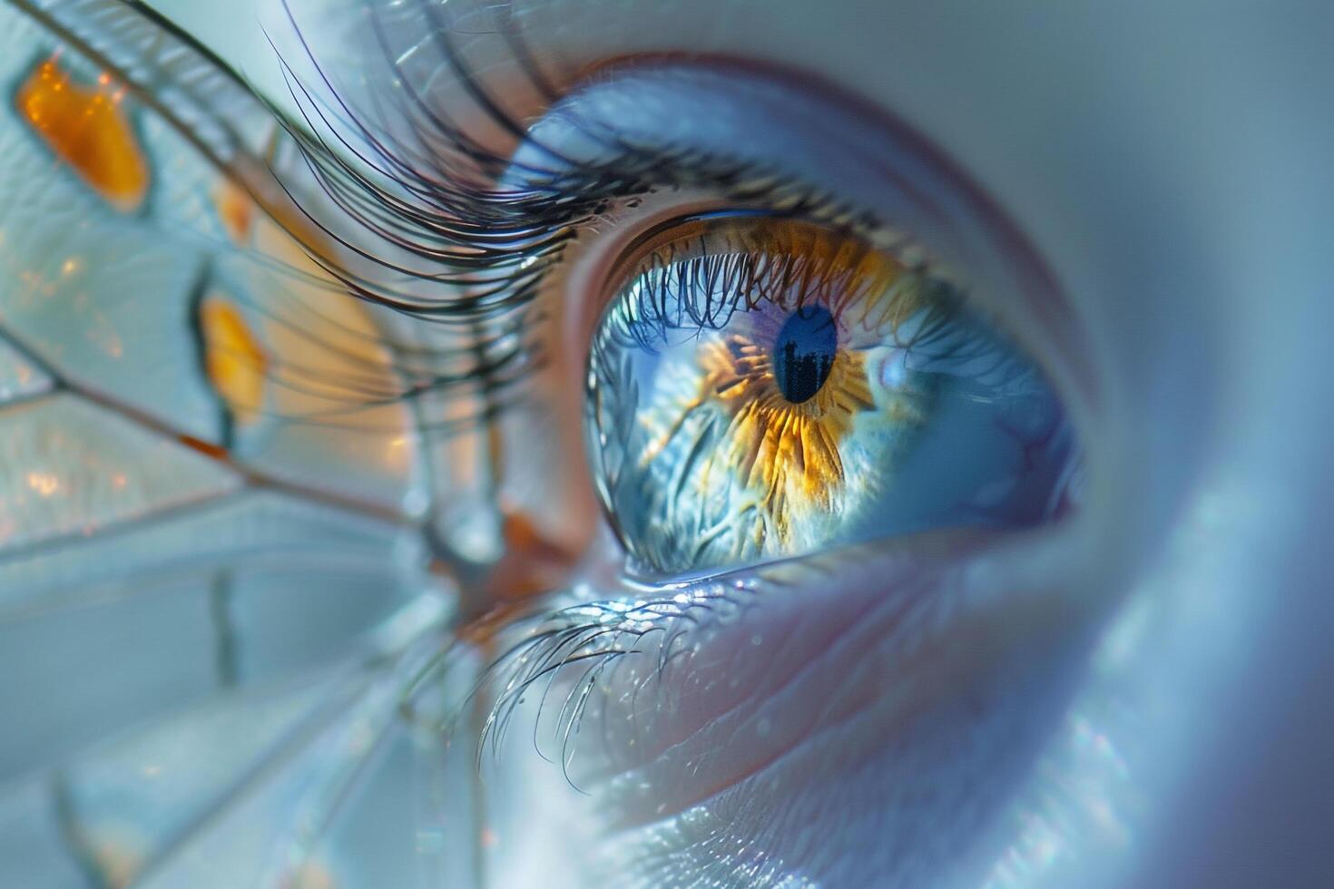 Ethereal Enchanting Nature of fairys eye with delicate wings reflected in the iris  nature background photo