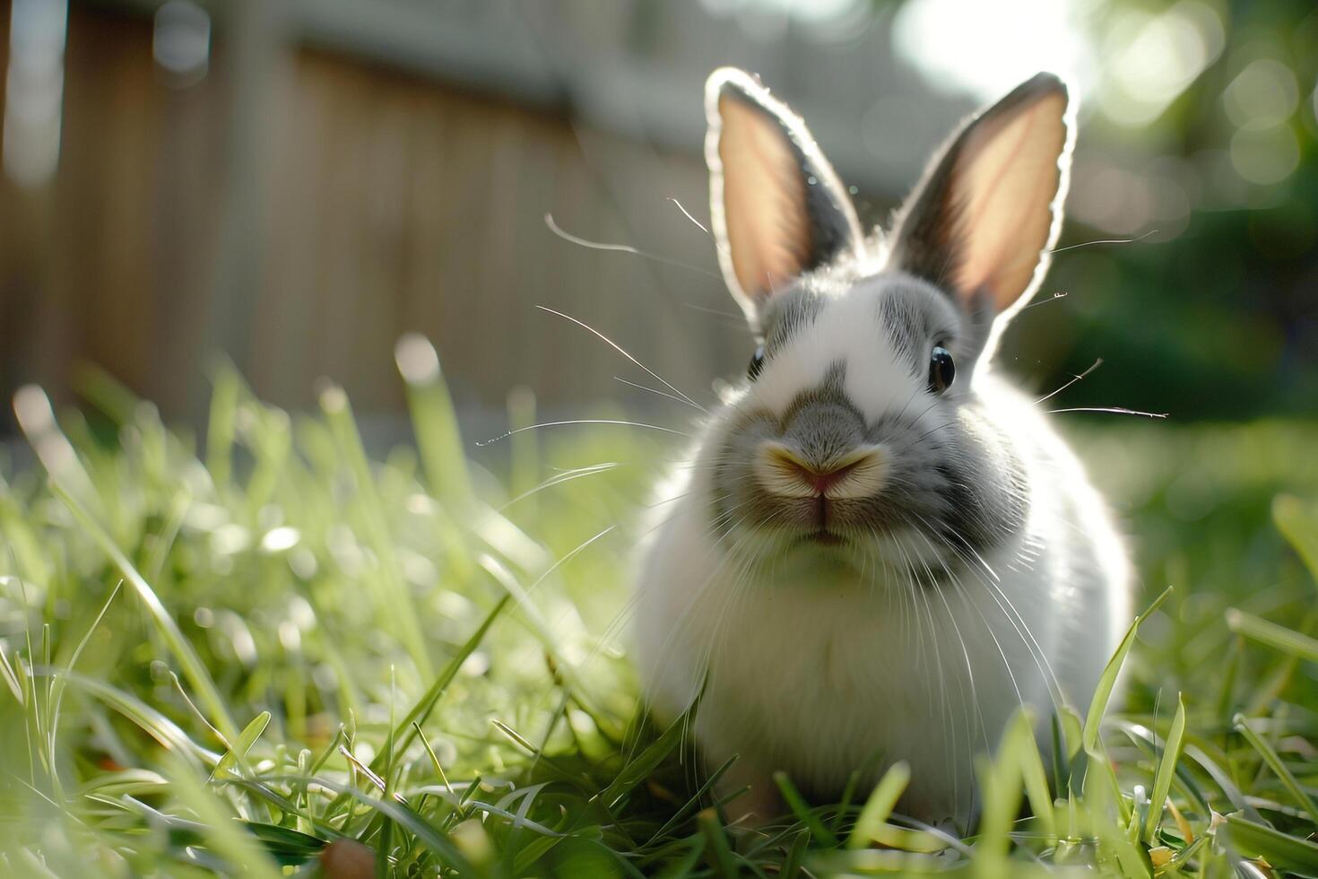 Rescued rabbit binkying joyfully in spacious outdoor pen ears flopping with happiness background photo