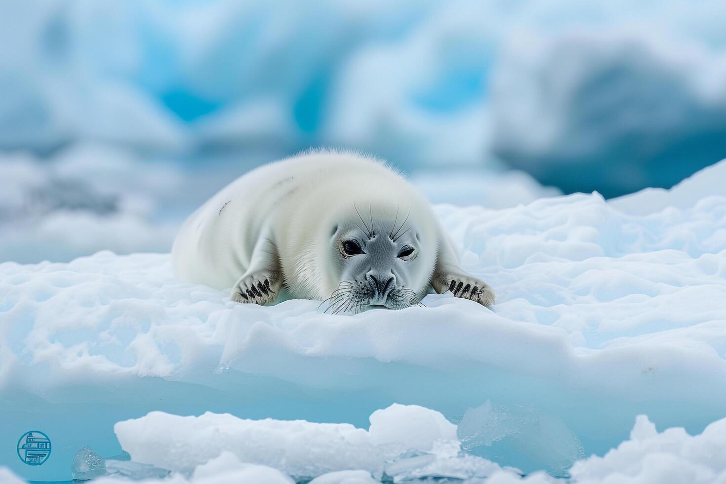 Harp seal pup resting on smooth ice floe its fluffy white coat contrasting with the blue hues of the Arctic ice photo