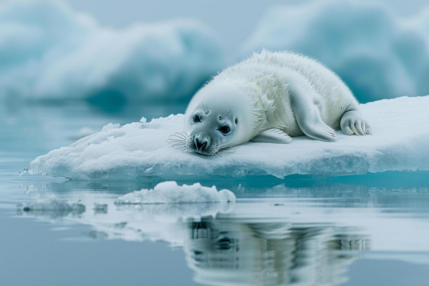Harp seal pup resting on smooth ice floe its fluffy white coat contrasting with the blue hues of the Arctic ice photo
