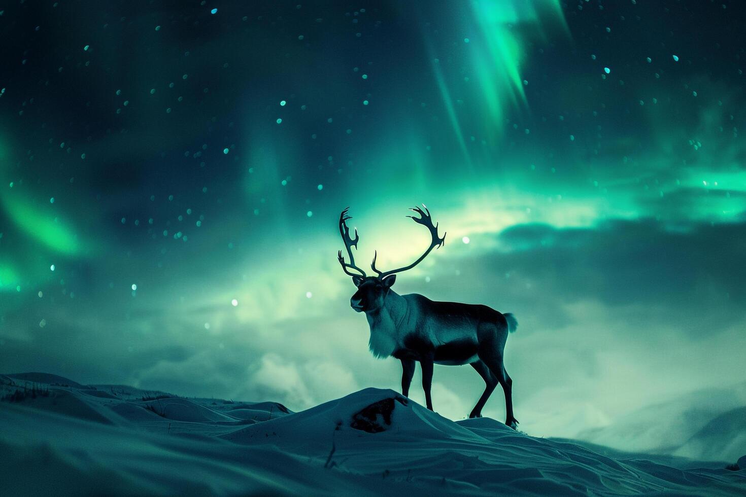 Regal Caribou stag standing proudly on snowcovered hillside with antlers silhouetted against the AurorBorealis dancing in the Arctic night sky photo