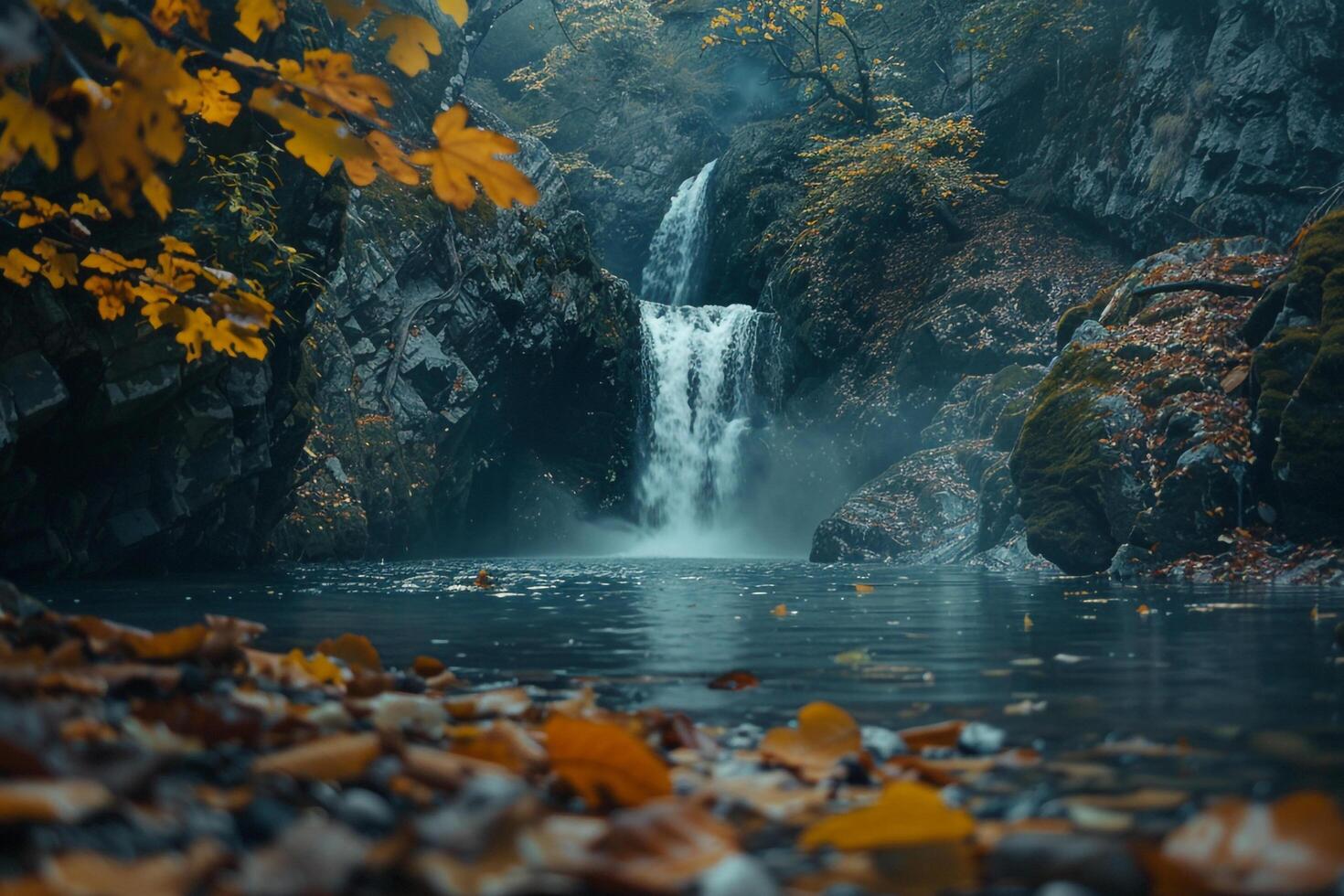 Waterfall nature background Thoughtful Contemplative  Framed by Autumn Leaves in a Forest photo