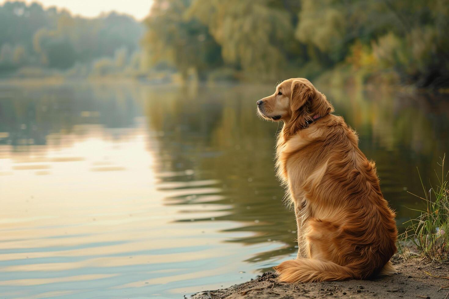 Dog Play Golden Retriever Sitting Peacefully Beside Lake Watching Ripples on the Water with Contemplative Expression photo