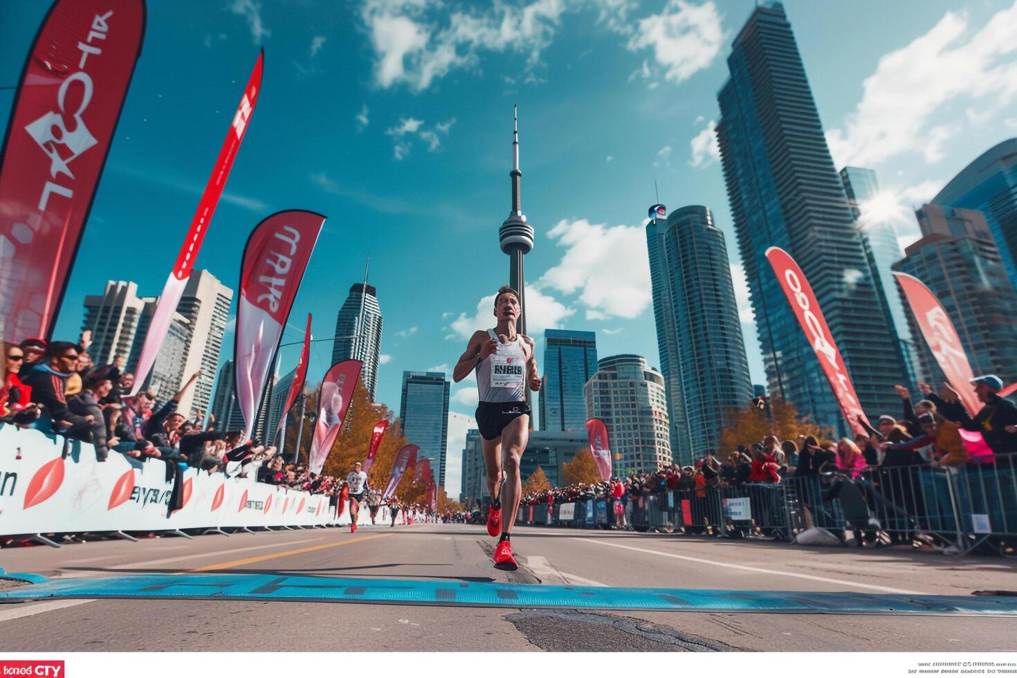 Inspirational nature background Fitness and Exercise Achieving Marathon Runner Crossing the Finish Line in City Marathon photo