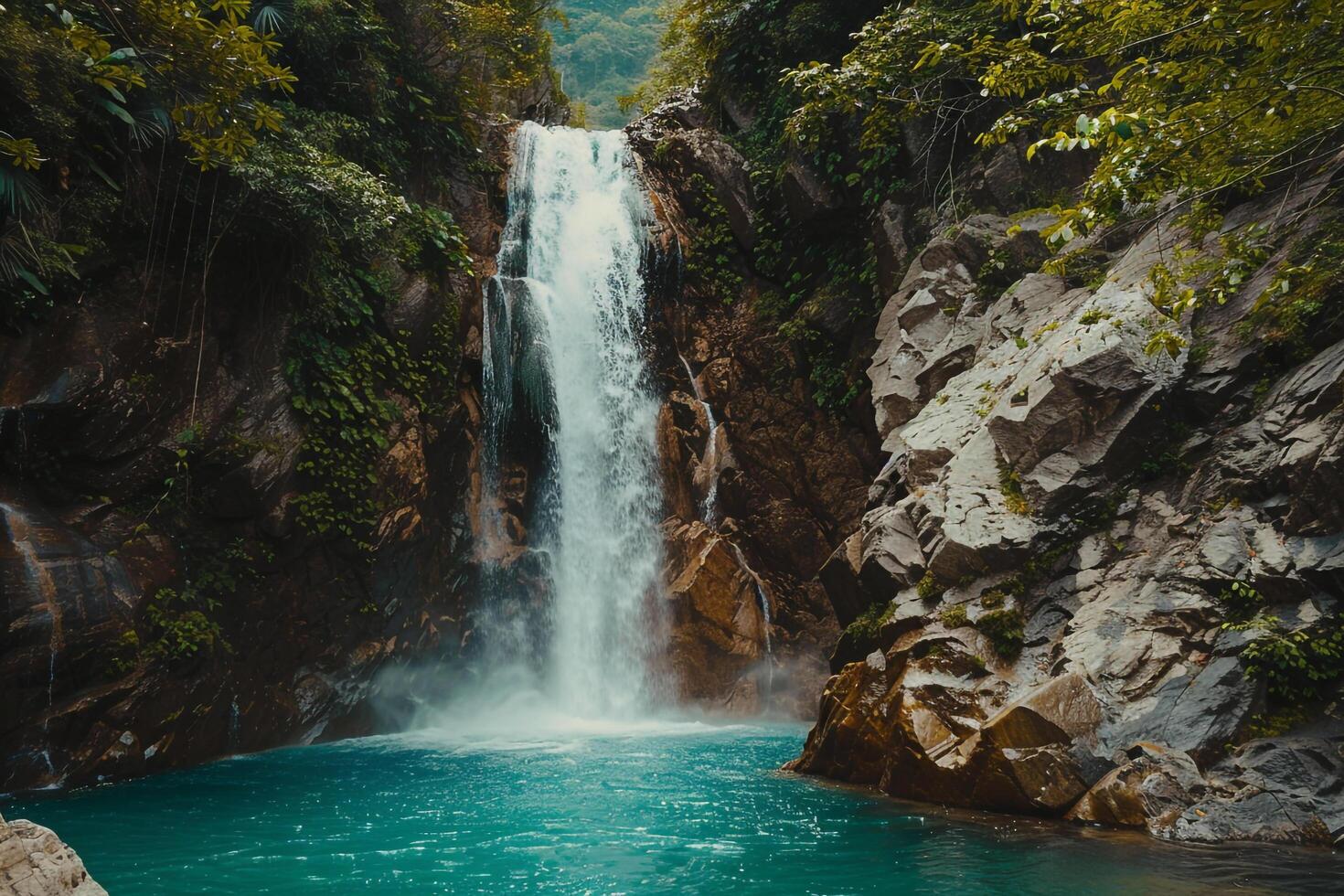 Landscape nature background Majestic waterfall plunging down rocky cliff into turquoise pool below surrounded by lush greenery photo