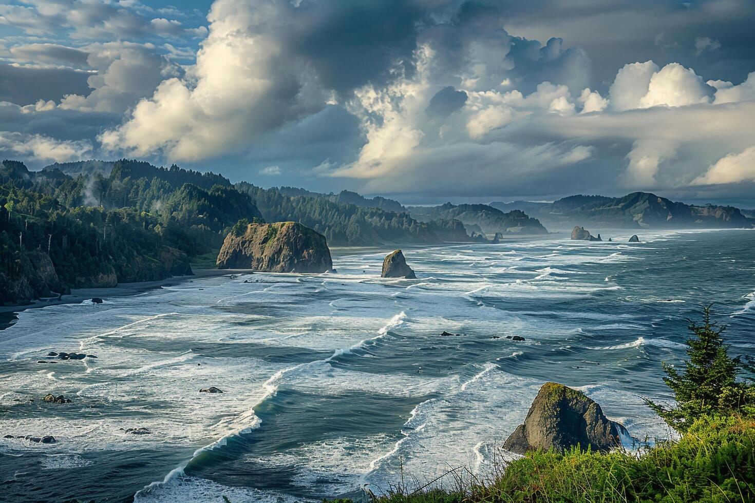 Dramatic Coastal Cliffside with Sestacks and Crashing Waves Under Morning Sky nature background photo