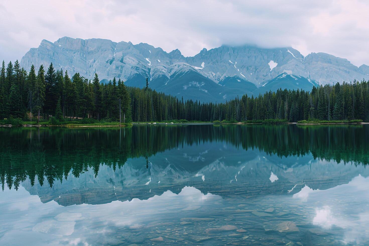 nature background Serene Mountain Lake with Crystal Clear Water and Pine Forest photo