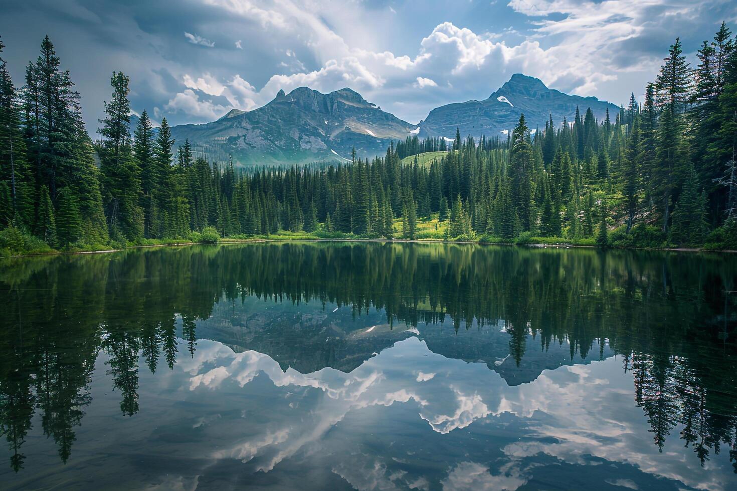 Serene Mountain Lake Surrounded by Pine Trees with MirrorLike Reflection nature background photo