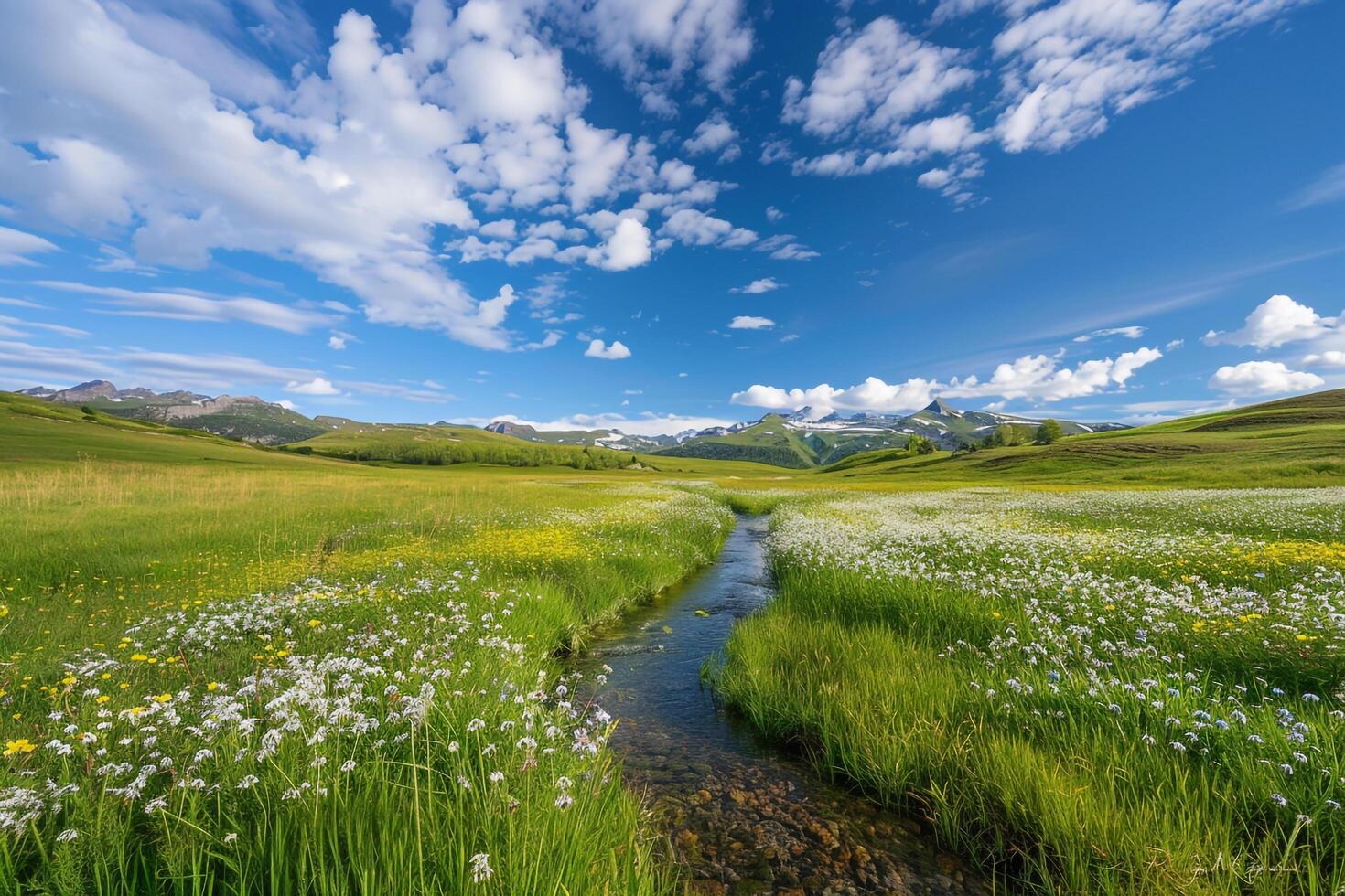 Meadow with Winding Stream and Wildflowers in Bloom Under Clear Blue Sky nature background photo
