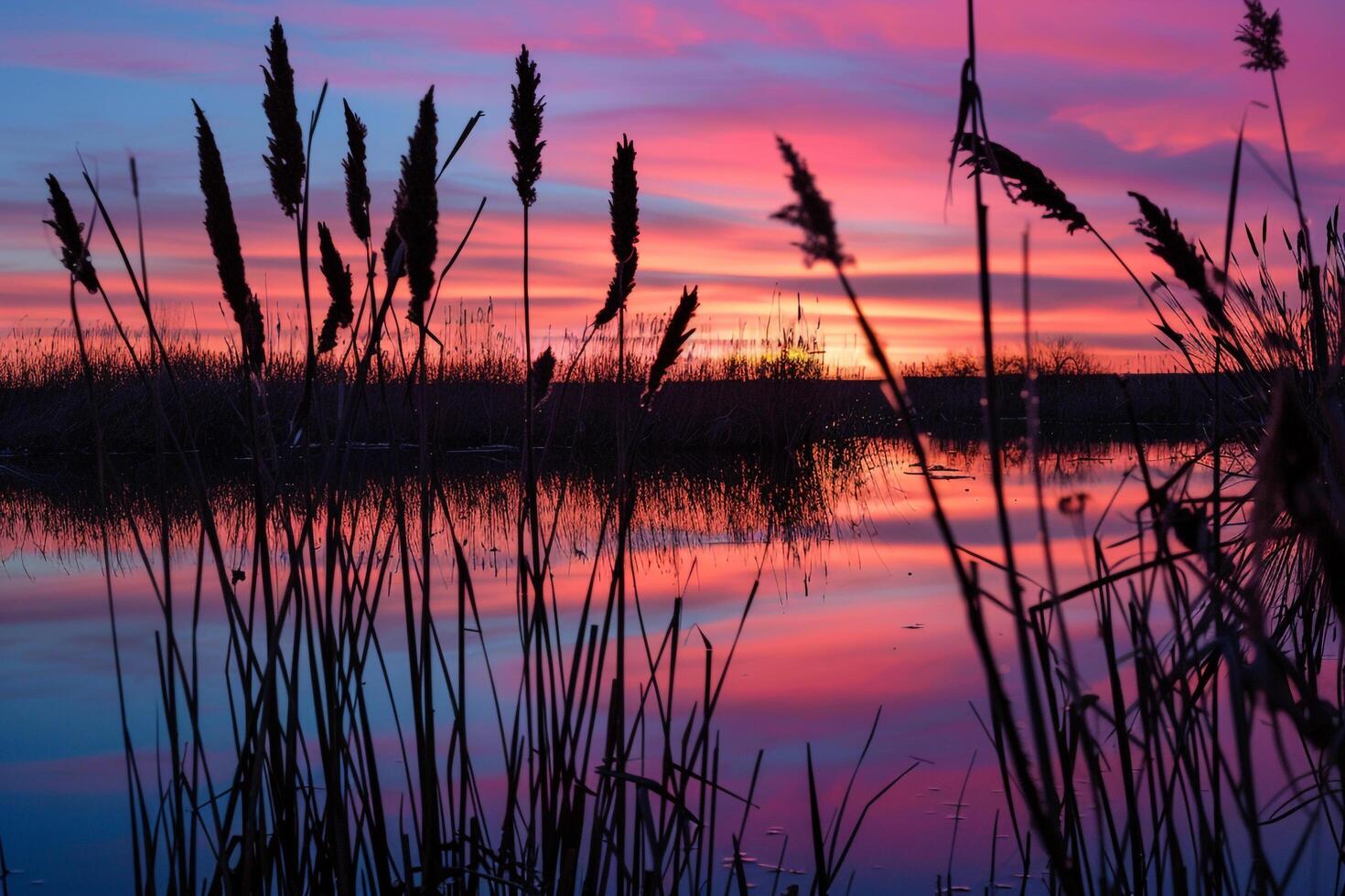 Sunset Reflection on Marsh with Cattails and Reeds nature background photo