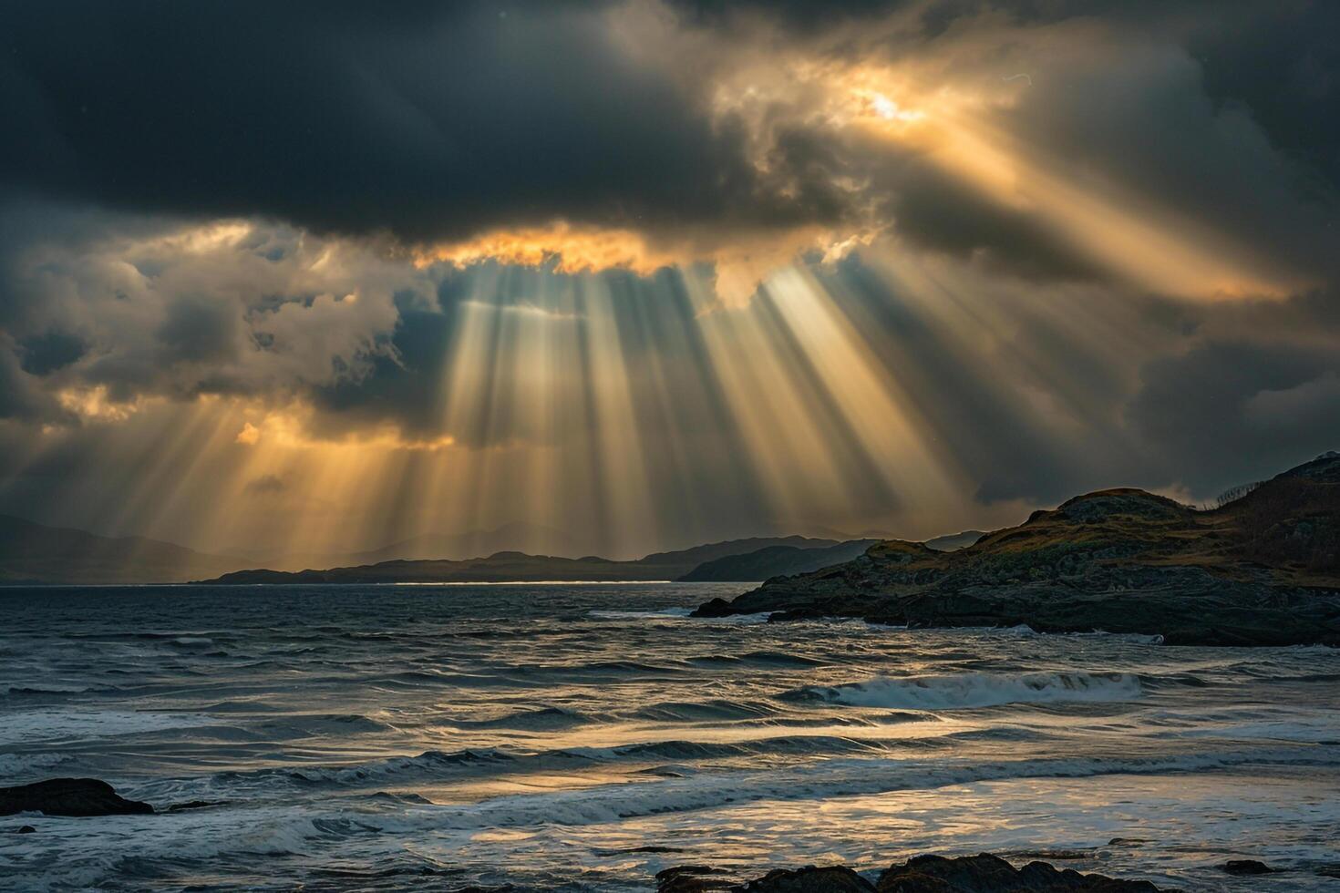 Stunning Sunlight Casting Patterns Through Clouds on Turbulent Sea nature background photo
