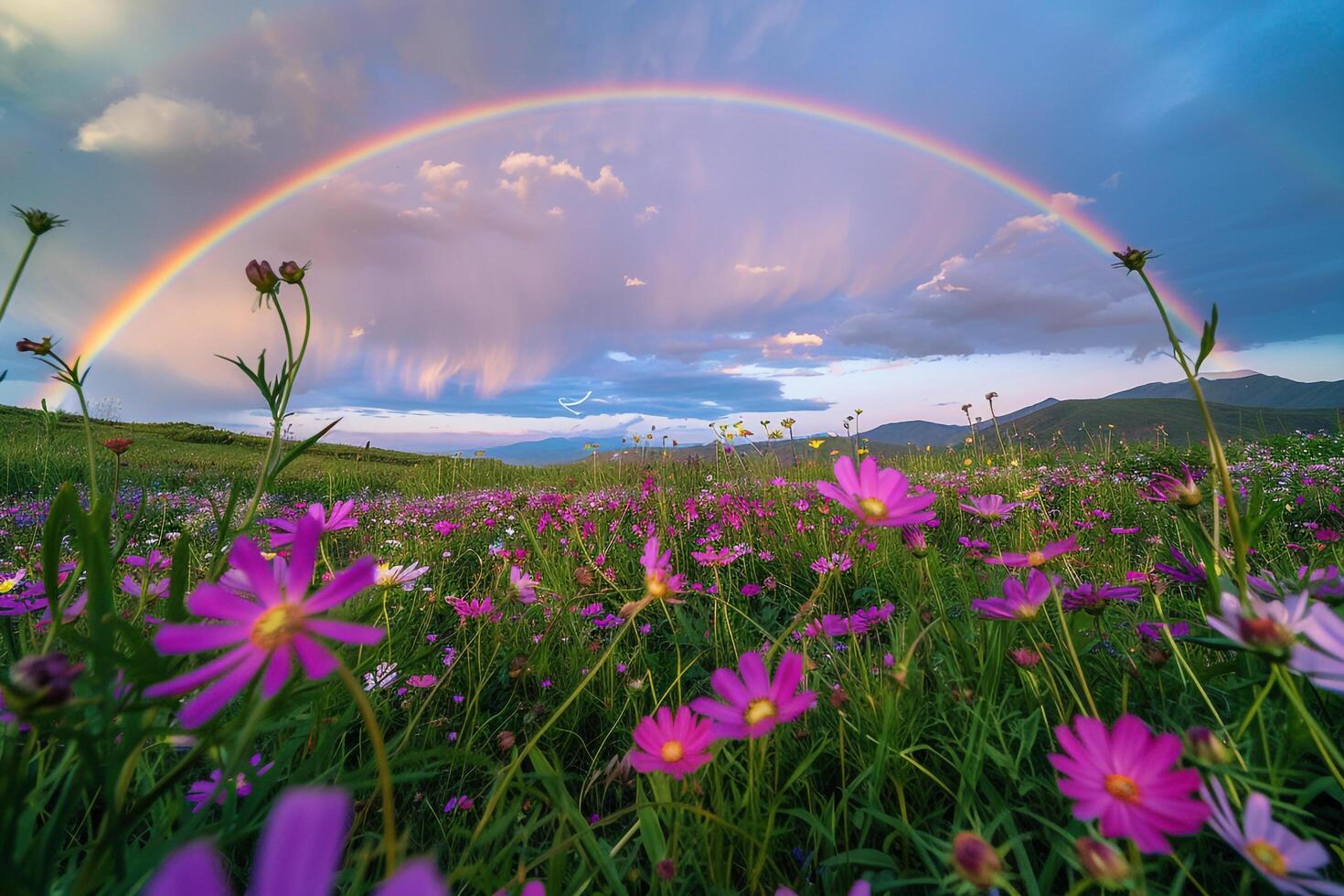 Wildflower Field with Rainbow nature background photo