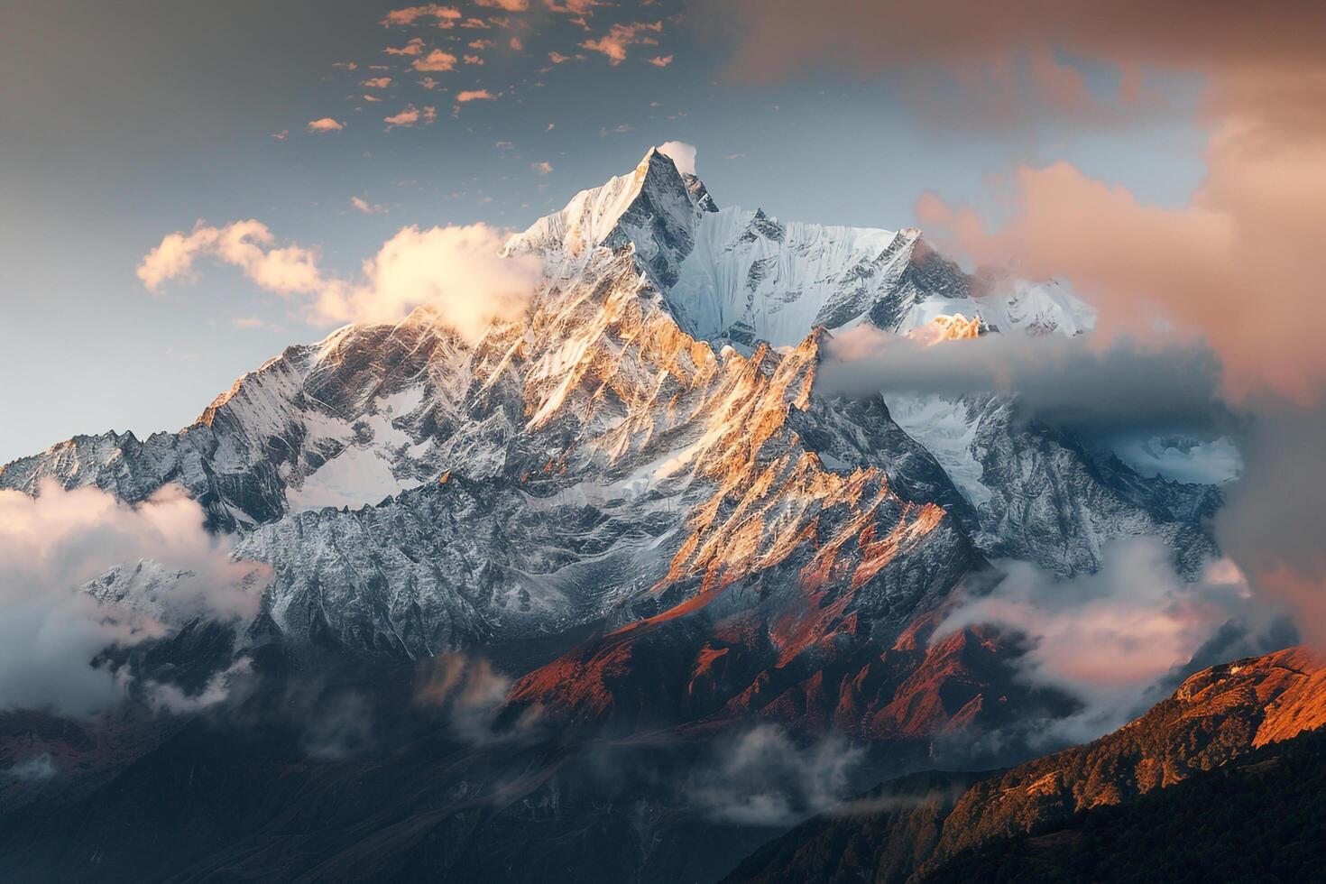 Majestic Snowy Mountain Peak Bathed in Golden Sunrise Light with Alpine Meadows  nature background photo