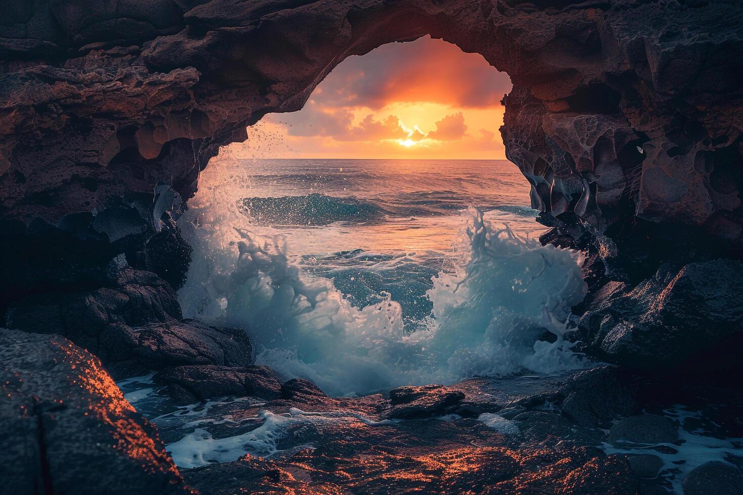 Majestic Coastal Arch with Waves Crashing Through It Under Vibrant Sunset Sky   nature background photo