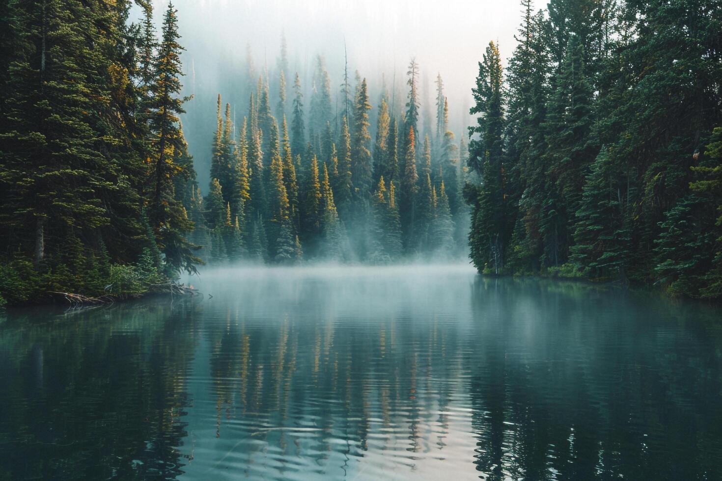 Calm Lake Surrounded by Pine Trees with Mist Rising at Sunrise   nature background photo