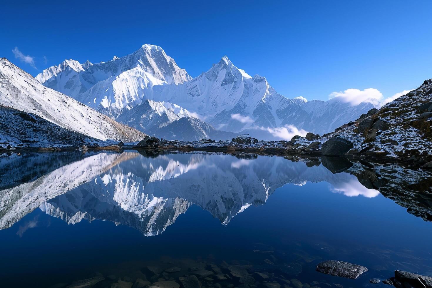 Serene Mountain Lake Reflecting Snow Capped Peaks and Cloudless Blue Sky   nature background photo