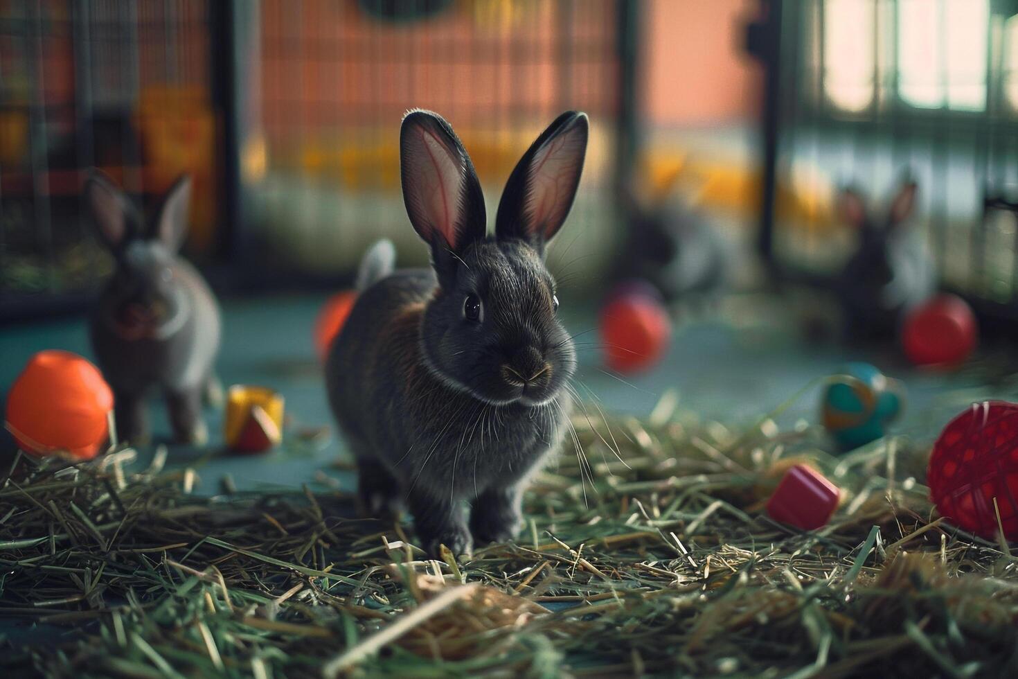 Joyful Shelter Rabbits with nature background in Indoor Play Area photo