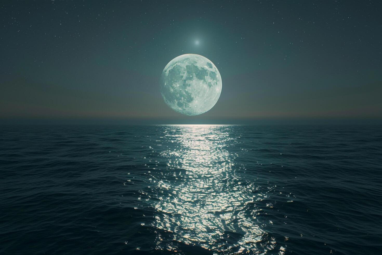 Full Moon Rising Over Calm Ocean with Silvery Light Reflection photo