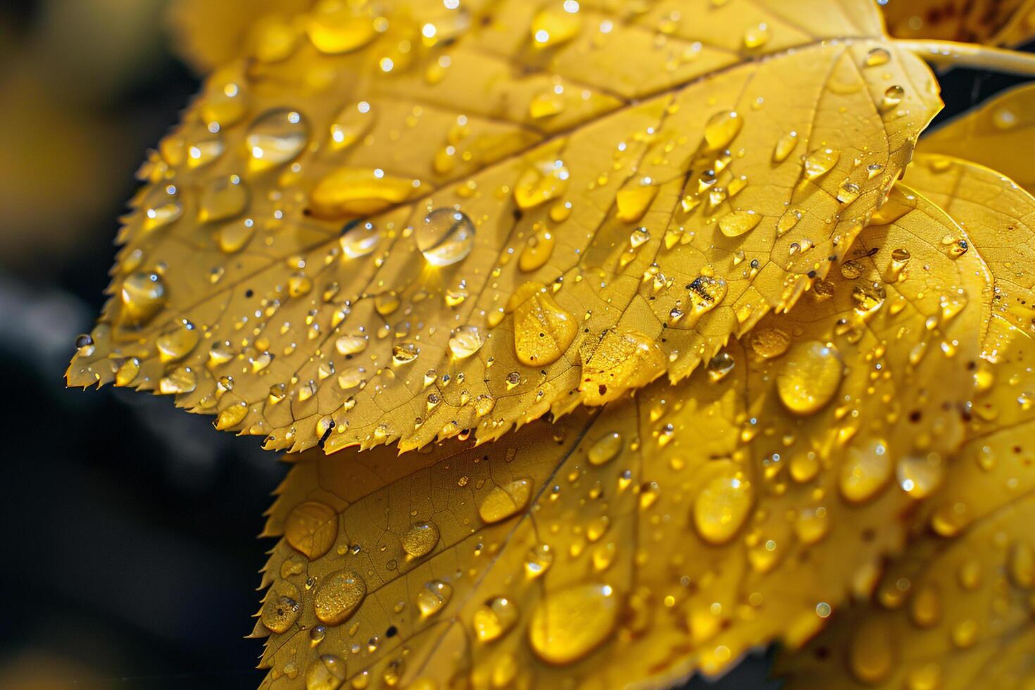Nature Dewdrops on Intricate Patterns of Yellow Birch Leaves in Autumn nature background photo